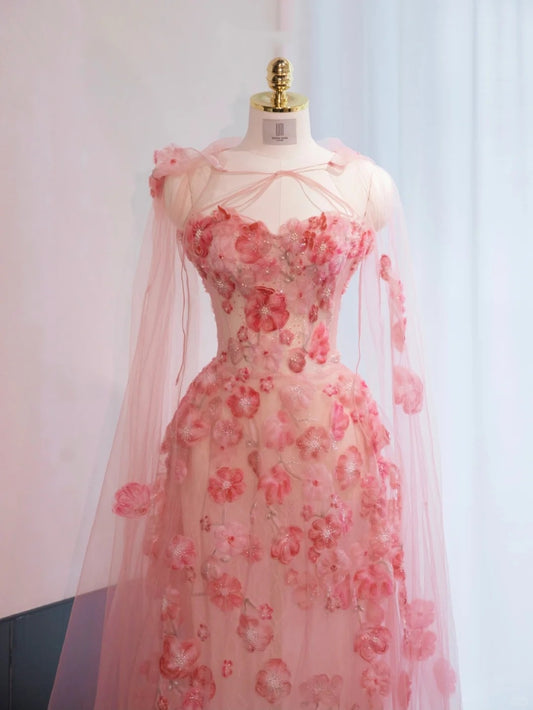 Romantic Stereo Floral Tulle Stole Evening Dress Strapless Sheer Mesh Applique Prom Dress AP0999