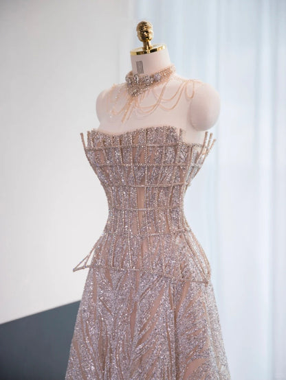 Gorgeous Pink Beading Tulle Sweet 16 Dress Shining Sequins Strapless A-Line Prom Dress AP1000