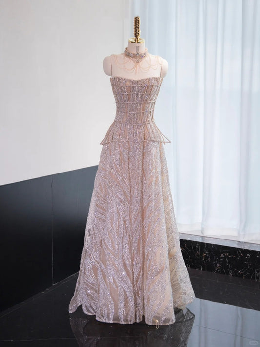 Gorgeous Pink Beading Tulle Sweet 16 Dress Shining Sequins Strapless A-Line Prom Dress AP1000