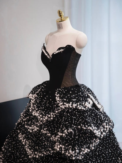 New Fashion Black Sparkly Beading Sweet 16 Party Dress Sweetheart Neck Strapless A-Line Prom Dress AP1001