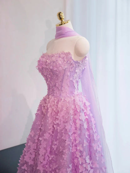 Charming Stereo Petal Lustrous Sequins Feast Dress Sheer Tulle Overlay Strapless A-Line Prom Dress AP1002