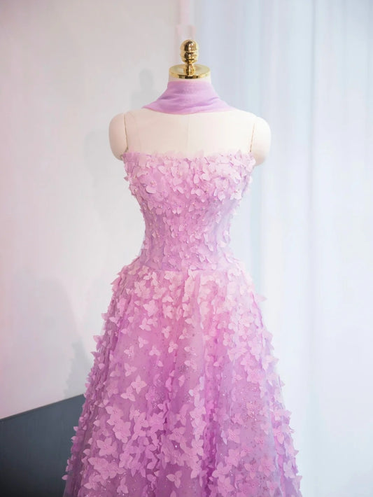 Charming Stereo Petal Lustrous Sequins Feast Dress Sheer Tulle Overlay Strapless A-Line Prom Dress AP1002