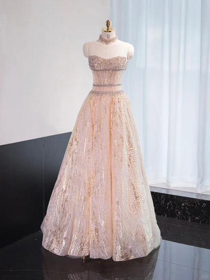 Opulent Blush Gold Striped Lustrous Beading Feast Dress A-Line Strapless Prom Dress AP1004