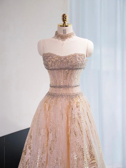 Opulent Blush Gold Striped Lustrous Beading Feast Dress A-Line Strapless Prom Dress AP1004