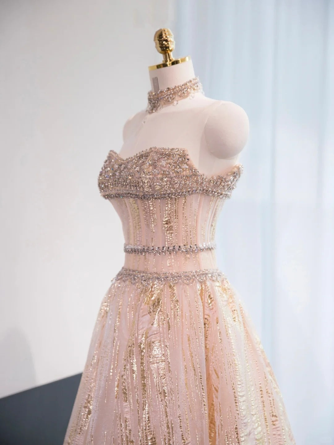 Opulent Blush Gold Striped Lustrous Beading Feast Dress A-Line Strapless Prom Dress AP1004