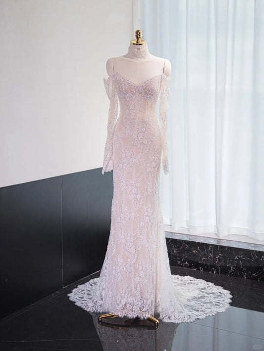Fancy Sheer Lace Long Sleeve Glitter Sequins Bridal Dress Off-Shoulder Strapless Mermaid Wedding Dress AP1005