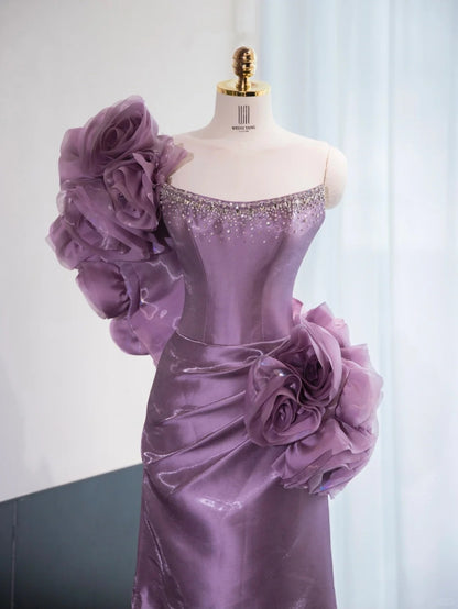 Sexy Handmade Flowers Lustrous Beading Sweet 16 Dress Sheen Fabric Strapless Prom Dress AP1006