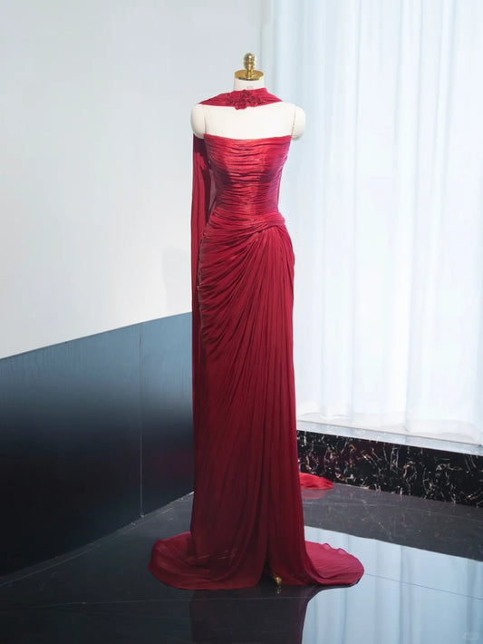 Charming Natural Shirred Red Floral Embellished Feast Dress Breathable Fabric Strapless Prom Dress AP1009