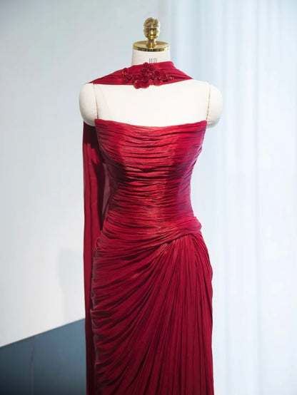 Charming Natural Shirred Red Floral Embellished Feast Dress Breathable Fabric Strapless Prom Dress AP1009