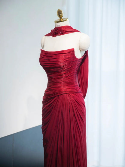 Charming Natural Shirred Red Floral Embellished Feast Dress Breathable Fabric Strapless Prom Dress AP1009