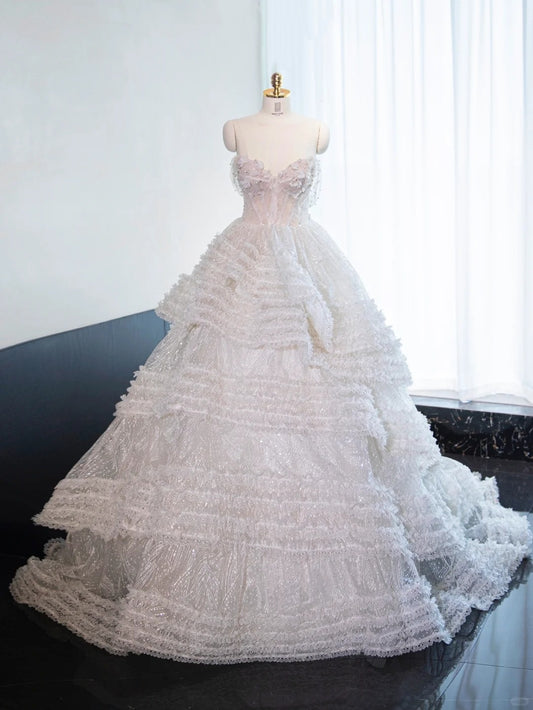 Elegant Off-Shoulder Sequins Embellished Feast Dress Tiered Sheer Tulle Applique Strapless Prom Dress AP1010