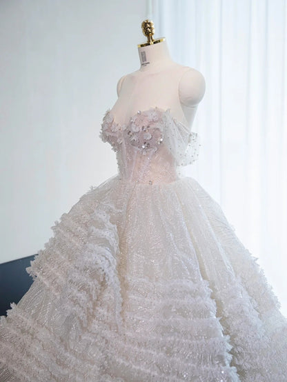 Elegant Off-Shoulder Sequins Embellished Feast Dress Tiered Sheer Tulle Applique Strapless Prom Dress AP1010