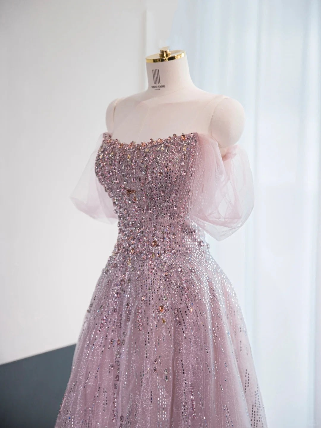 Chic Beading Embellished Off-Shoulder Sweet 15 Maxi Dress Strapless Layered Sheer Tulle Prom Dress AP1011