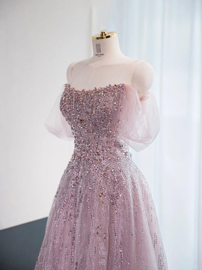 Chic Beading Embellished Off-Shoulder Sweet 15 Maxi Dress Strapless Layered Sheer Tulle Prom Dress AP1011