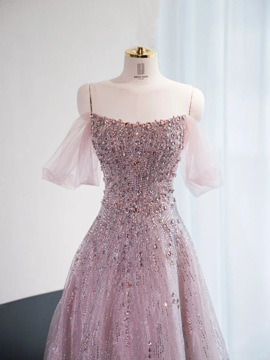 Chic Beading Embellished Off-Shoulder Sweet 15 Maxi Dress Strapless Layered Sheer Tulle Prom Dress AP1011