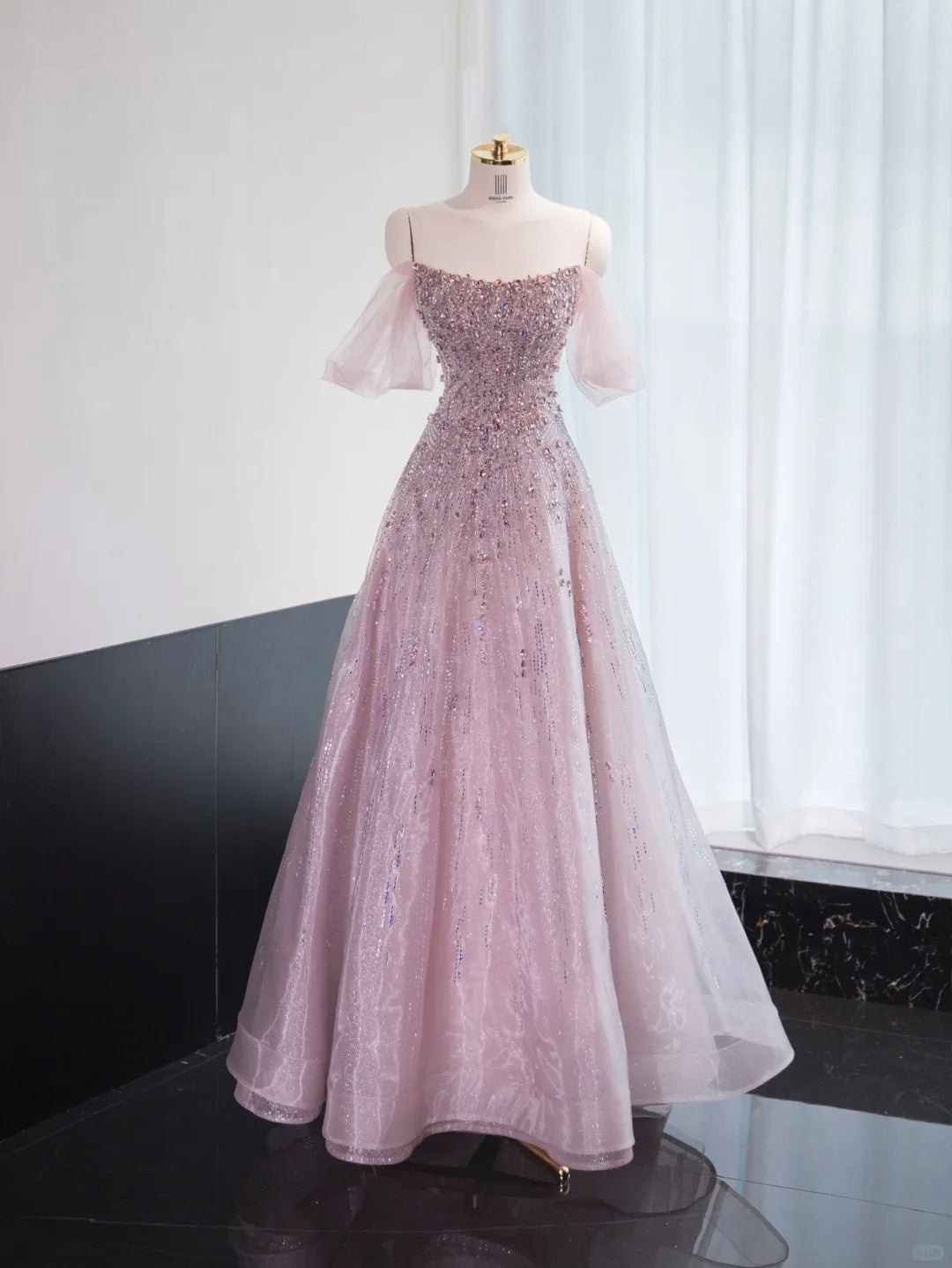 Chic Beading Embellished Off-Shoulder Sweet 15 Maxi Dress Strapless Layered Sheer Tulle Prom Dress AP1011