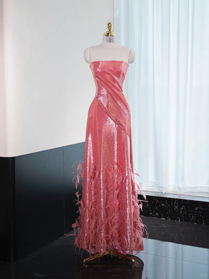 Vibrant Lustrous Sequins Strapless Sweet 15 Feast Dress Feather Embellished Hem Prom Dress AP1012