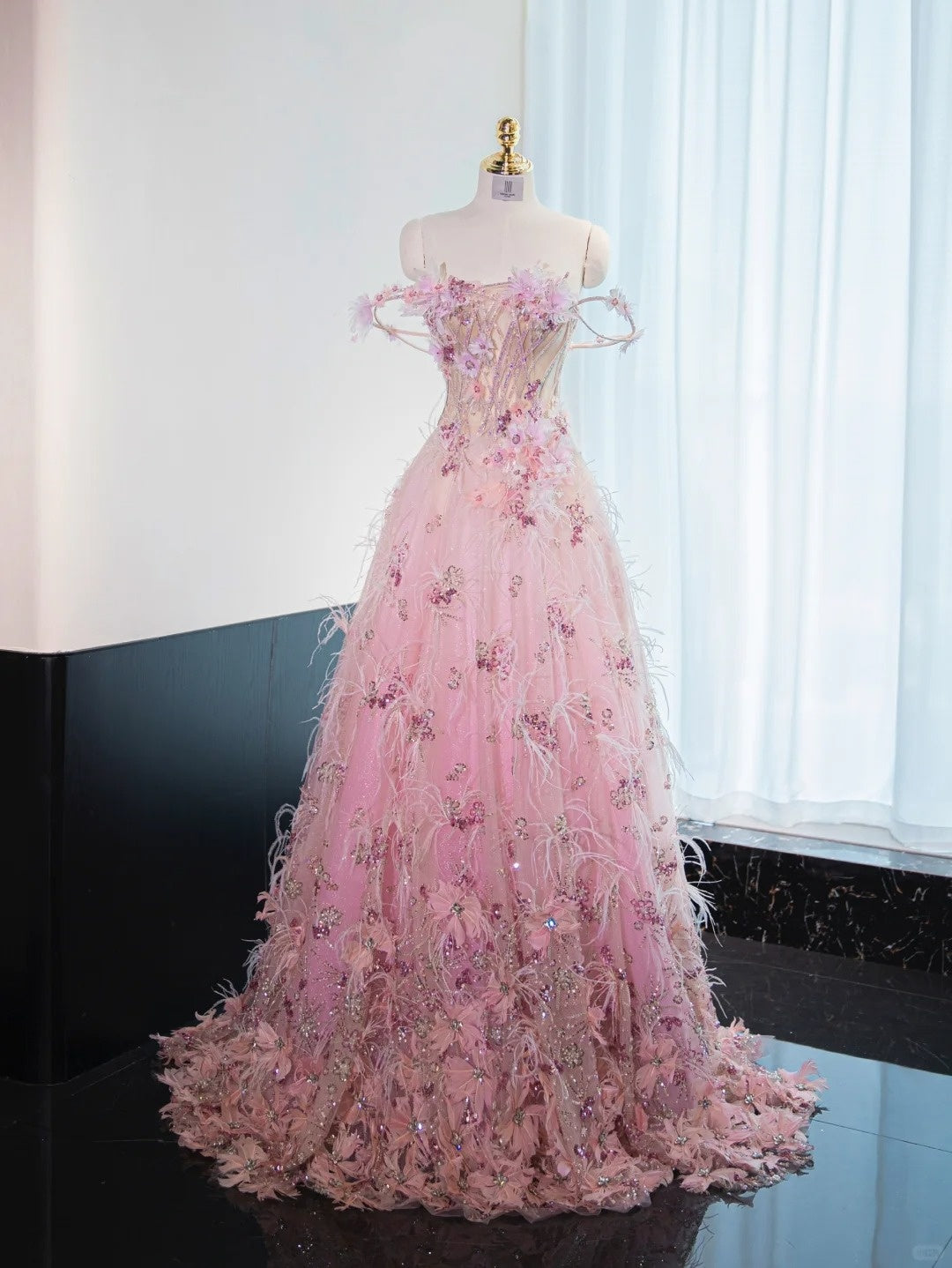 Dreamy Feather Stereo Floral Embellished Sweet 15 Feast Dress Off-Shoulder Sparkle Sequins Prom Dress AP1013