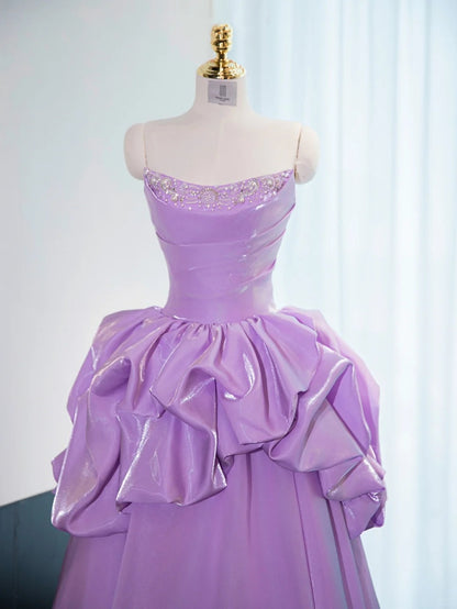 Classical Lavender Sheen Fabric Sweet 16 Party Dress Ruffled Strapless Beaded Prom Dress AP1015