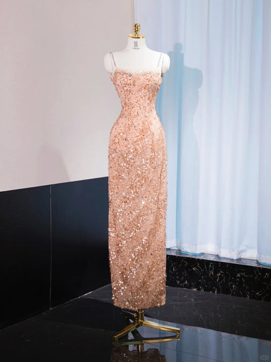 Romantic Sequins Glitter Cinched-Waist Feast Dress Chic Beaded Strap Prom Dress AP1016