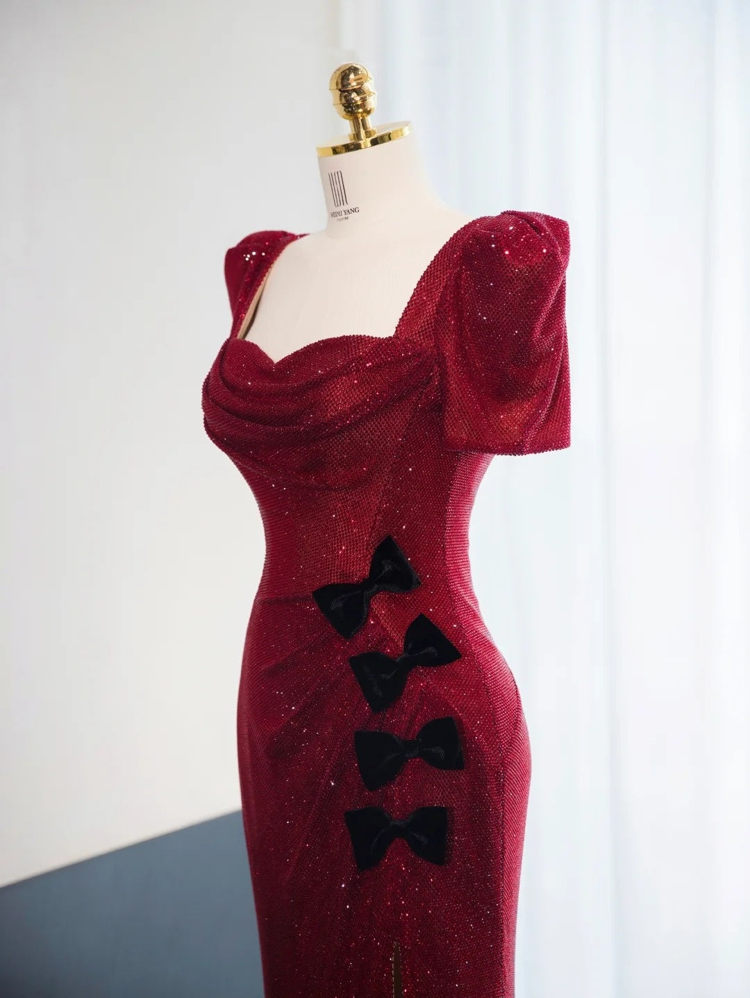 Vintage Red Draped Sequins Sweet 15 Maxi Dress Puff Short Sleeve Bow Design Prom Dress AP1017