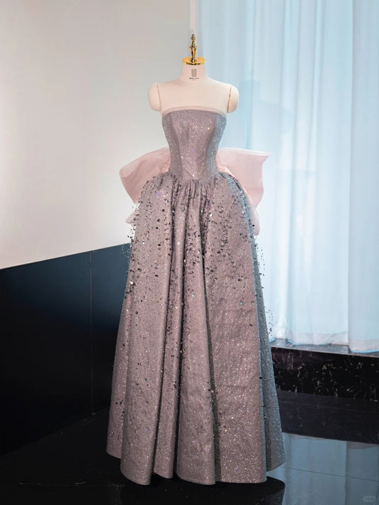 Opulent Shining Beading Strapless Ceremonies Dress A-Line Tulle Big Bow Prom Dress AP1018