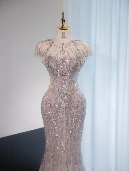 Charming Beading Stole Rhinestone Design Mermaid Dress Tulle Layered Hem Prom Dress AP1020