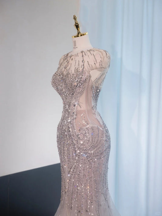 Charming Beading Stole Rhinestone Design Mermaid Dress Tulle Layered Hem Prom Dress AP1020