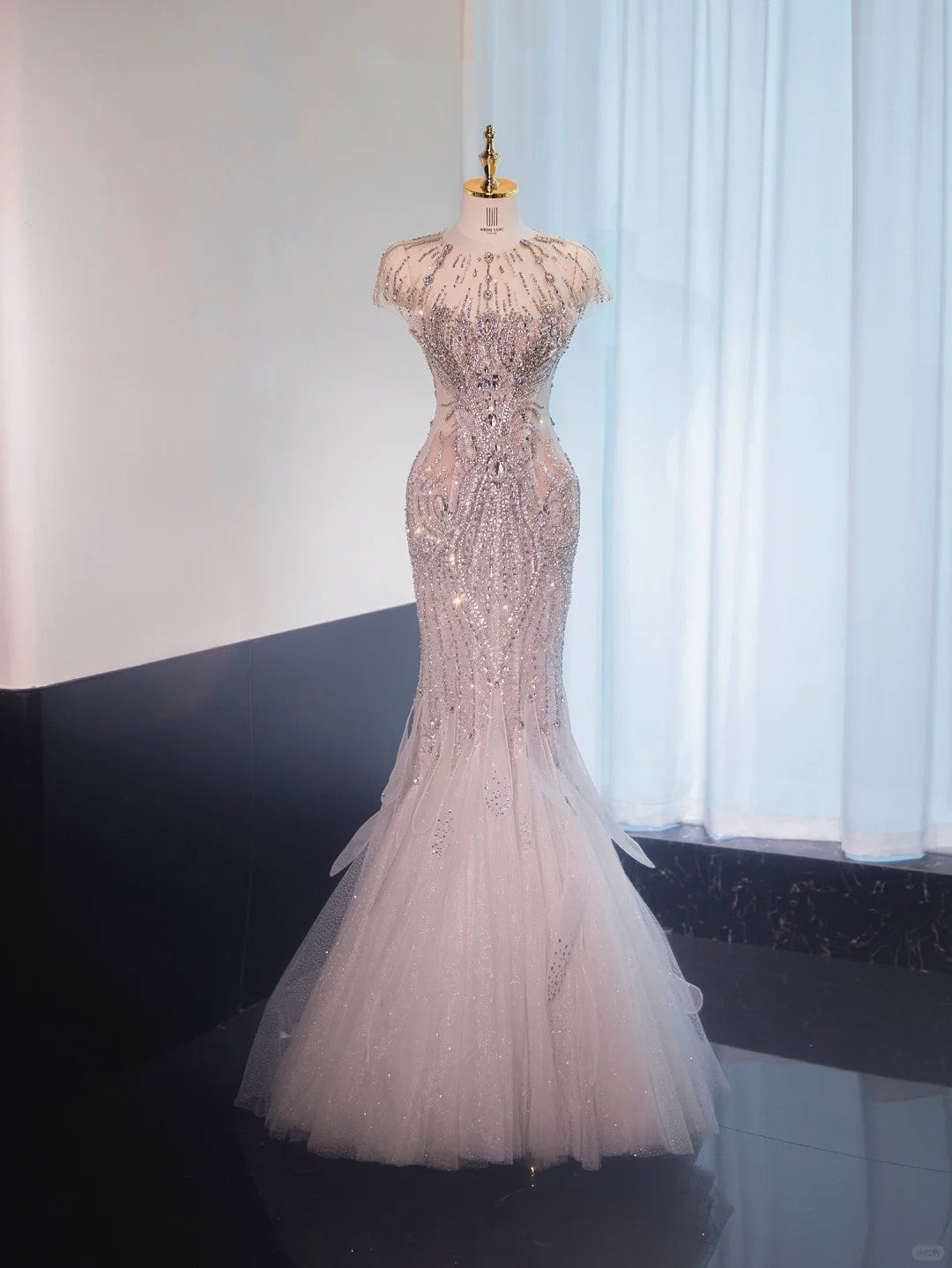 Charming Beading Stole Rhinestone Design Mermaid Dress Tulle Layered Hem Prom Dress AP1020