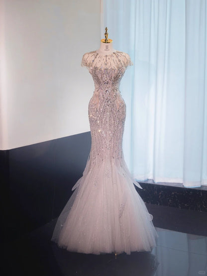 Charming Beading Stole Rhinestone Design Mermaid Dress Tulle Layered Hem Prom Dress AP1020