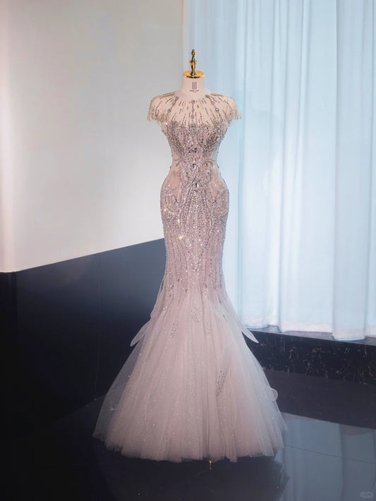 Charming Beading Stole Rhinestone Design Mermaid Dress Tulle Layered Hem Prom Dress AP1020