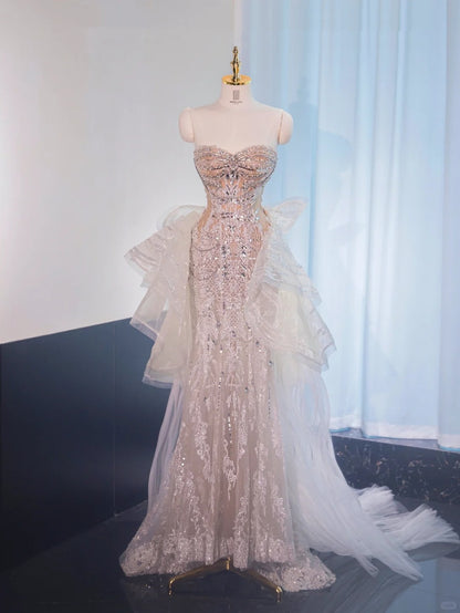 Graceful Ruffles Tulle Beaded Design Maxi Dress Shining A-Line Strapless Prom Dress AP1022