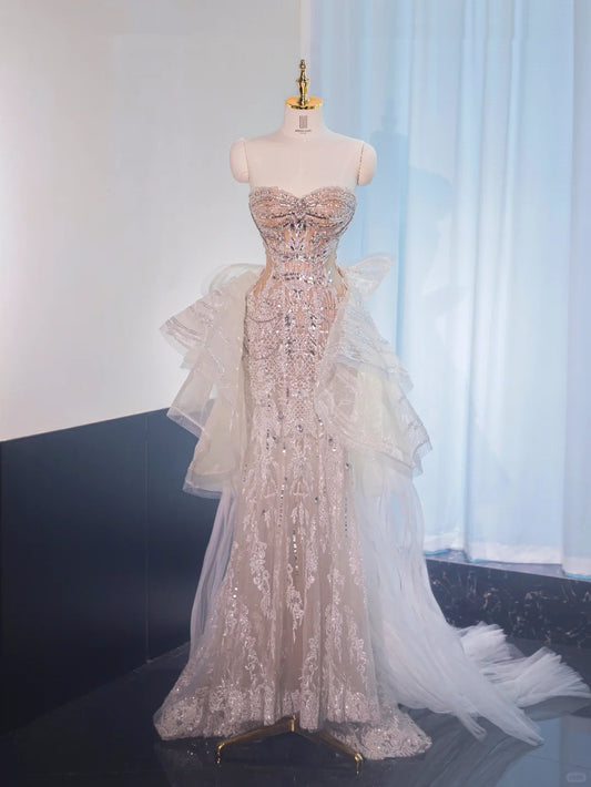 Graceful Ruffles Tulle Beaded Design Maxi Dress Shining A-Line Strapless Prom Dress AP1022