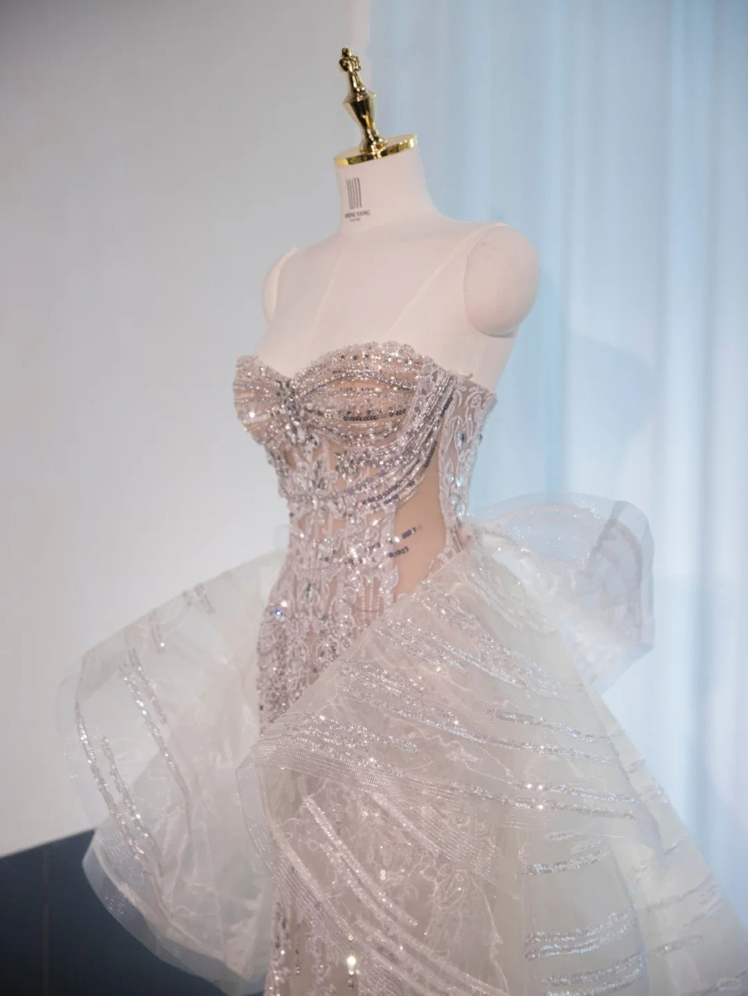 Graceful Ruffles Tulle Beaded Design Maxi Dress Shining A-Line Strapless Prom Dress AP1022