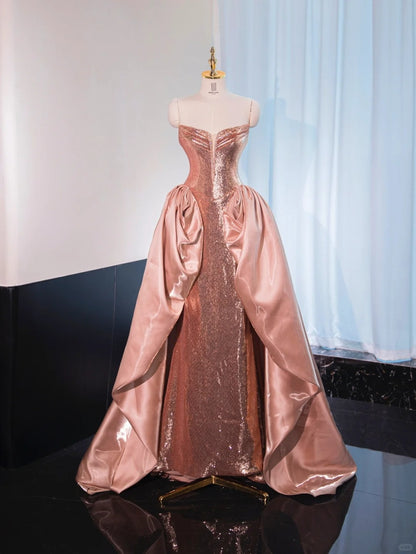 Gorgeous Satin Splicing Sequins Design Feast Dress Beading V-Neck A-Line Strapless Prom Dress AP1023