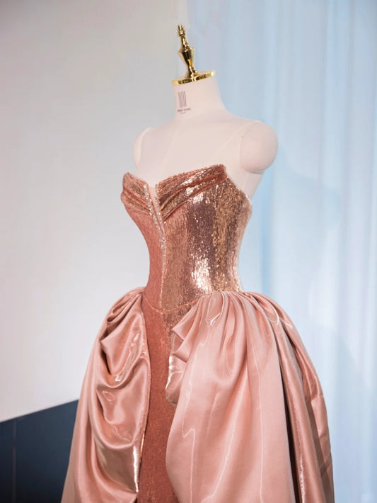 Gorgeous Satin Splicing Sequins Design Feast Dress Beading V-Neck A-Line Strapless Prom Dress AP1023