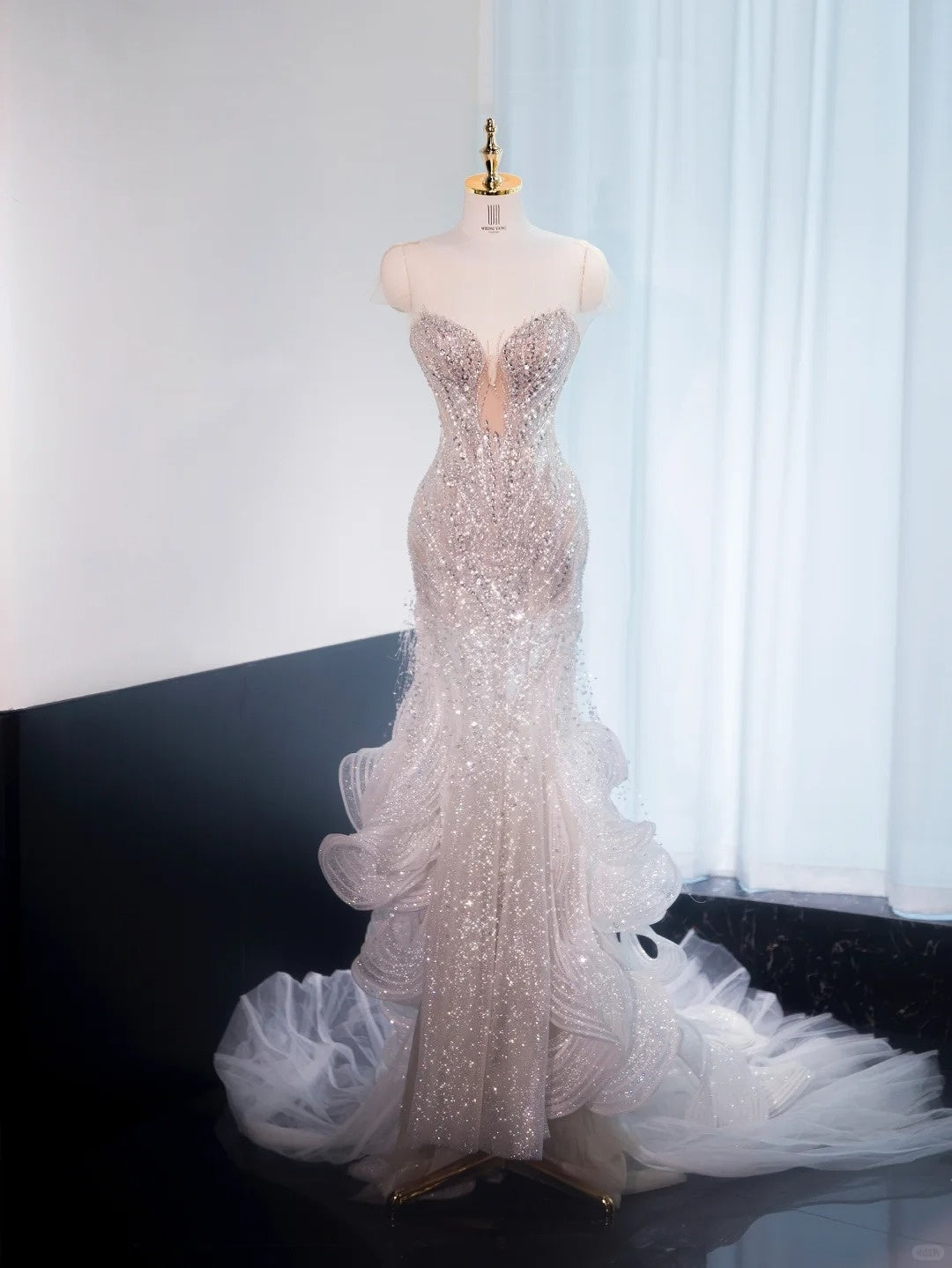 Fancy Sparkle Rhinestone Design Mermaid Dress Sheer Tulle Overlay Mesh Cascade Hem Prom Dress AP1025