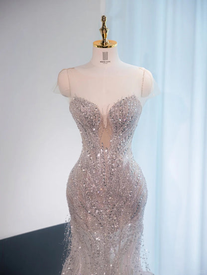 Fancy Sparkle Rhinestone Design Mermaid Dress Sheer Tulle Overlay Mesh Cascade Hem Prom Dress AP1025