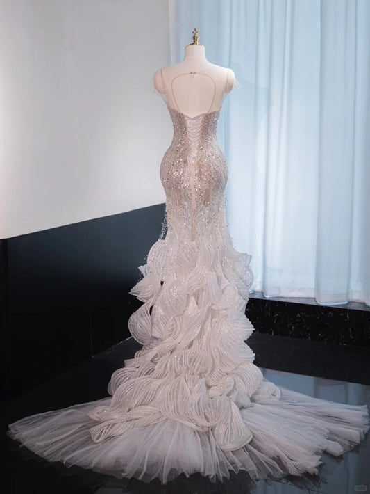 Fancy Sparkle Rhinestone Design Mermaid Dress Sheer Tulle Overlay Mesh Cascade Hem Prom Dress AP1025