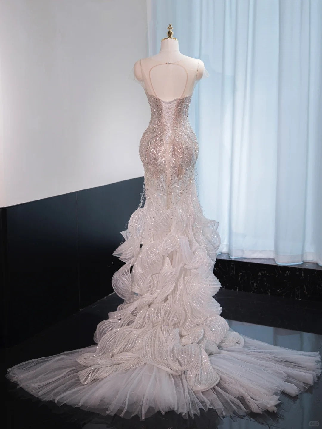 Fancy Sparkle Rhinestone Design Mermaid Dress Sheer Tulle Overlay Mesh Cascade Hem Prom Dress AP1025