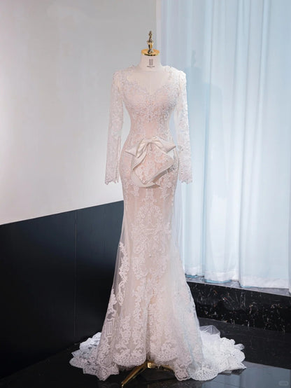 Romantic Sheer Lace Long Sleeve Beading Bridal Dress Backless Off-Shoulder Bow Detail Wedding Dress AP1026