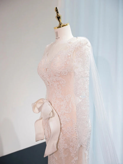 Romantic Sheer Lace Long Sleeve Beading Bridal Dress Backless Off-Shoulder Bow Detail Wedding Dress AP1026