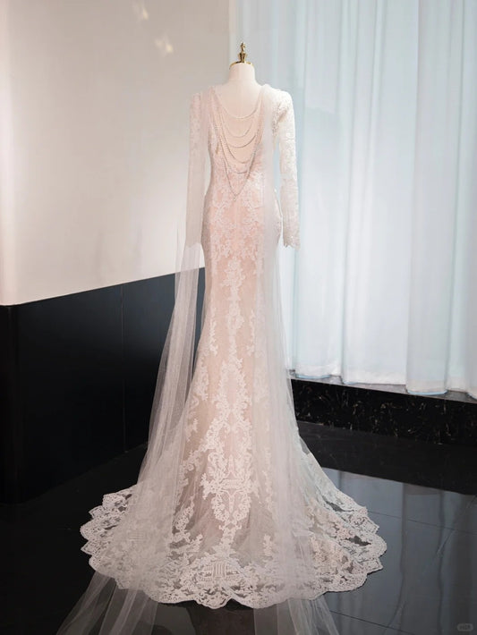 Romantic Sheer Lace Long Sleeve Beading Bridal Dress Backless Off-Shoulder Bow Detail Wedding Dress AP1026