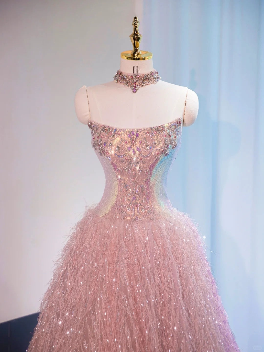 Classical Shine Sequins Beading Design Sweet 16 Feast Dress Tulle Layers Hem Strapless Prom Dress AP1027