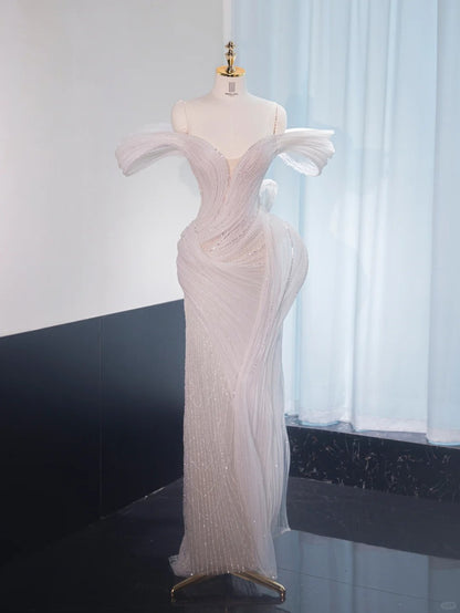 Fantastic Sheath Sparkle Tulle Mermaid Dress Sheer Sequins Mesh Off-Shoulder Prom Dress AP1028