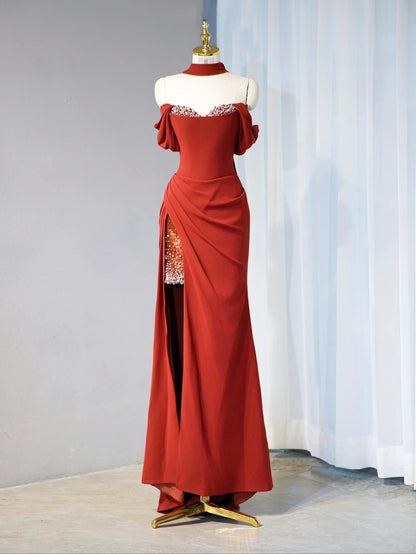 Gorgeous Sheath Red High-Slit Dress Off-Shoulder Beading Design Prom Dress AP1029