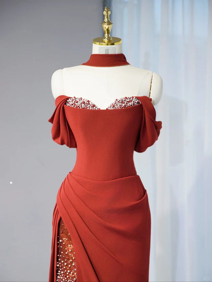 Gorgeous Sheath Red High-Slit Dress Off-Shoulder Beading Design Prom Dress AP1029