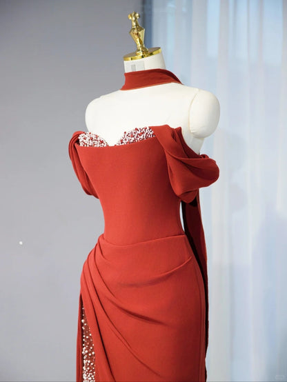 Gorgeous Sheath Red High-Slit Dress Off-Shoulder Beading Design Prom Dress AP1029