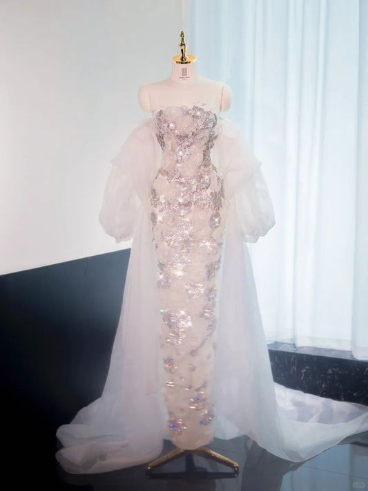 Chic Off-Shoulder Tulle Splicing Sheath Mermaid Dress Sweet 16 Beading Applique Design Prom Dress AP1030