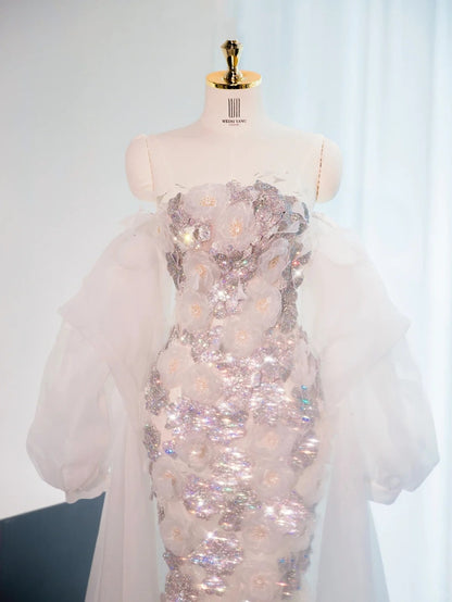 Chic Off-Shoulder Tulle Splicing Sheath Mermaid Dress Sweet 16 Beading Applique Design Prom Dress AP1030